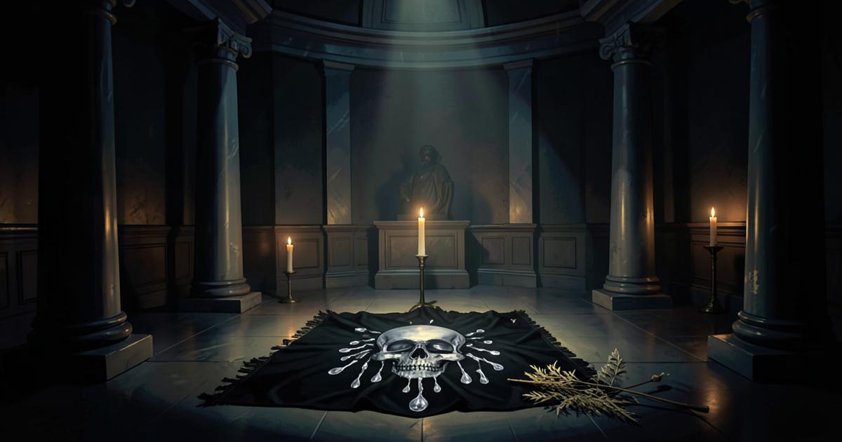 Templo maçônico em penumbra preparado para os trabalhos do terceiro grau, com pano negro e ramo de acácia