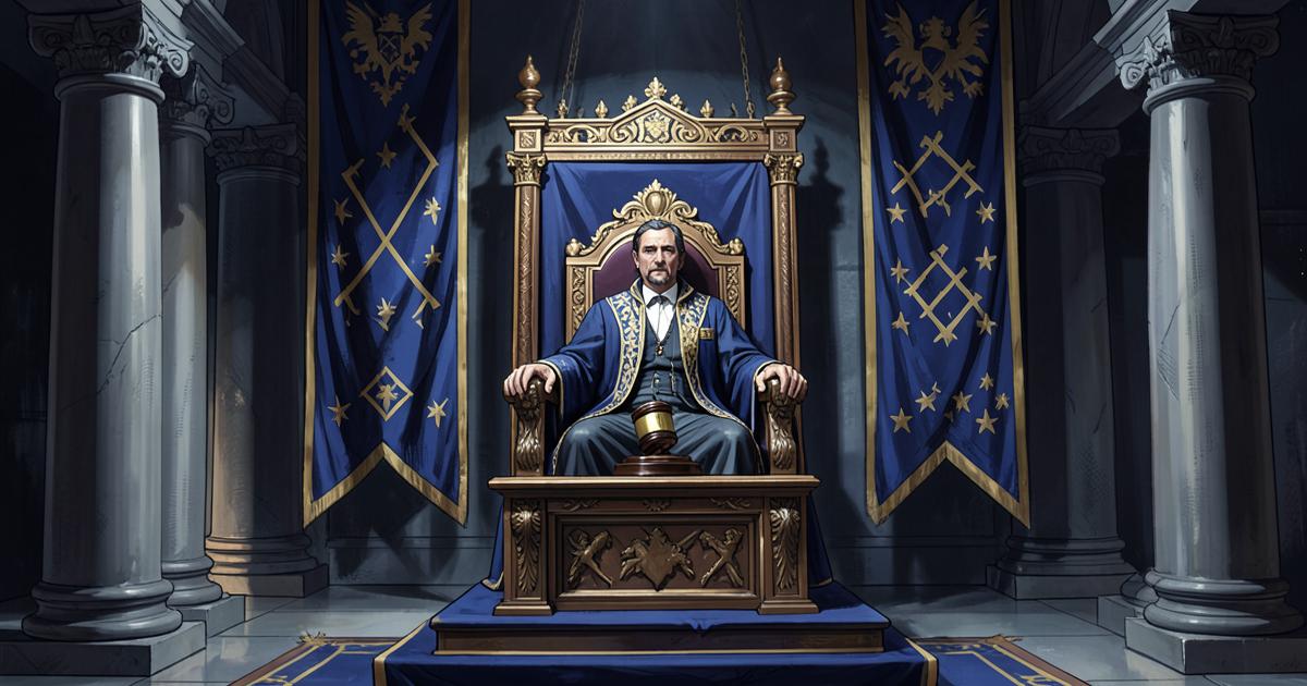 Trono e malhete do Grão-Mestre em um salão de Grande Loja, com estandartes e colunas