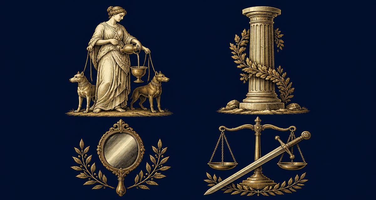 Emblemas das quatro virtudes cardeais em gravura dourada sobre fundo azul-marinho