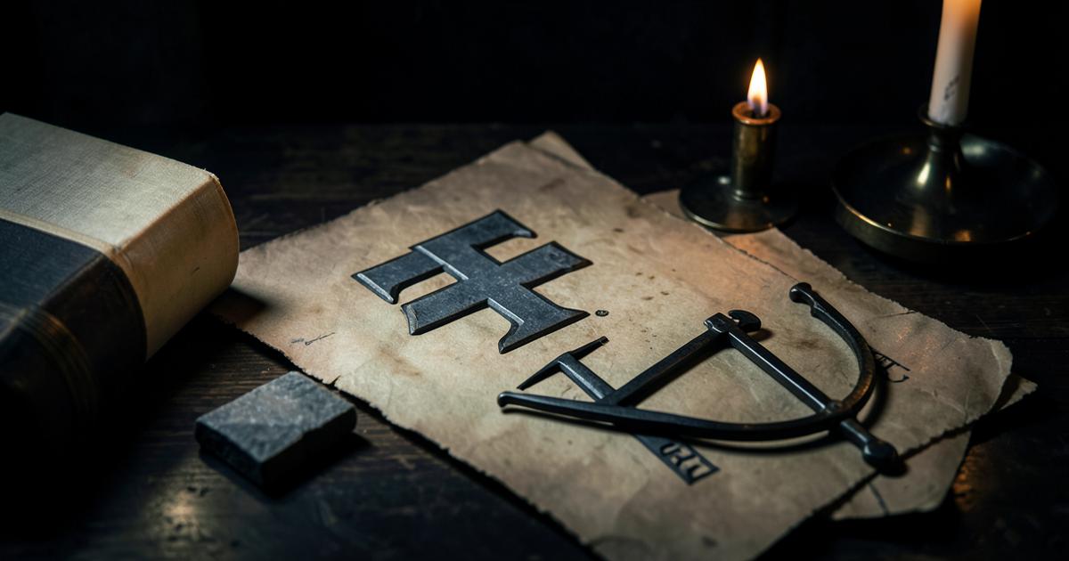 Símbolo tríplice tau, esquadro e compasso sobre pergaminho à luz de velas