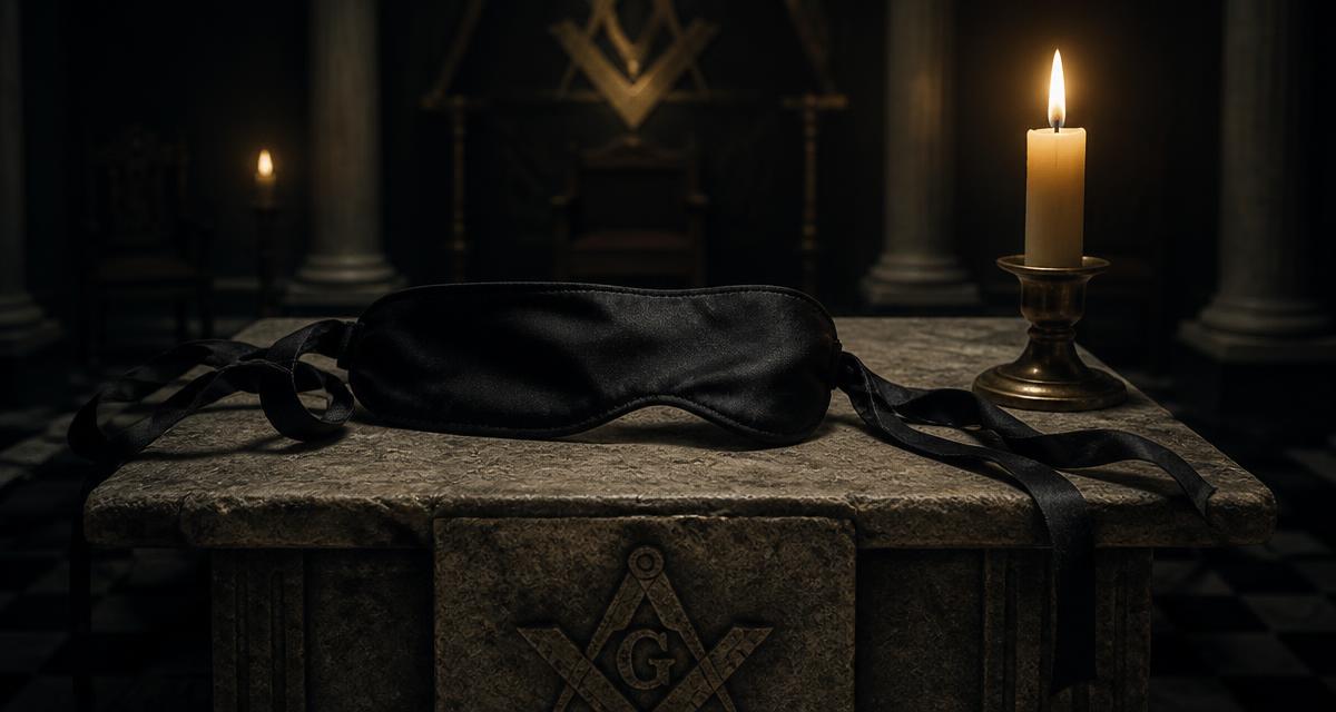 Venda cerimonial negra sobre altar de pedra em loja maçônica à luz de velas
